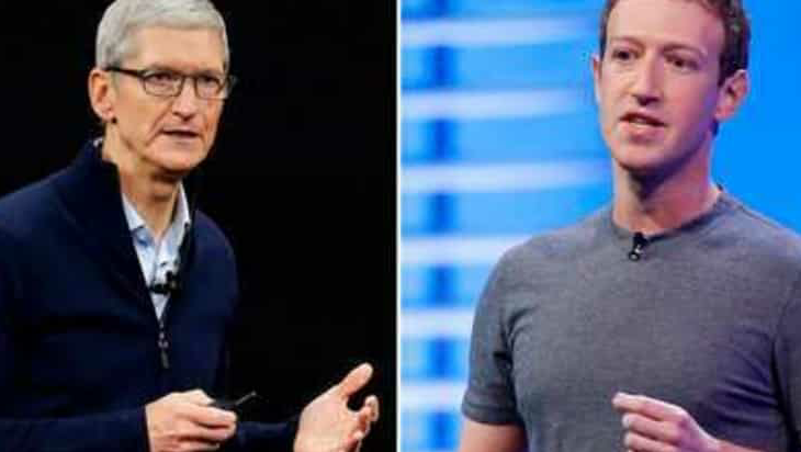 FILE - In this combination of stock photos, Apple CEO Tim Cook speaks at Apple's new campus on September 12, 2017 in Cupertino, Calif., Left, and Facebook CEO Mark Zuckerberg speaks at the Facebook F8 Developer Conference April 12, 2016, in San Francisco, right. Facebook is once again pushing back Apple's new privacy rules for its mobile devices, this time saying the social media giant is defending small businesses in full-page newspaper ads. In advertisements published in the New York Times, Wall Street Journal and other national newspapers, Facebook said that Apple's new rules "limit the ability of businesses to serve personalized ads and effectively reach their customers" ( AP Photo / Eric Risberg, File) (AP)